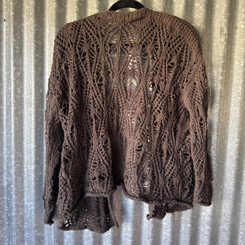Natural Life Brown Crochet Knit Open Front Cardigan Boho Pointelle  L/XL - Picture 4 of 7